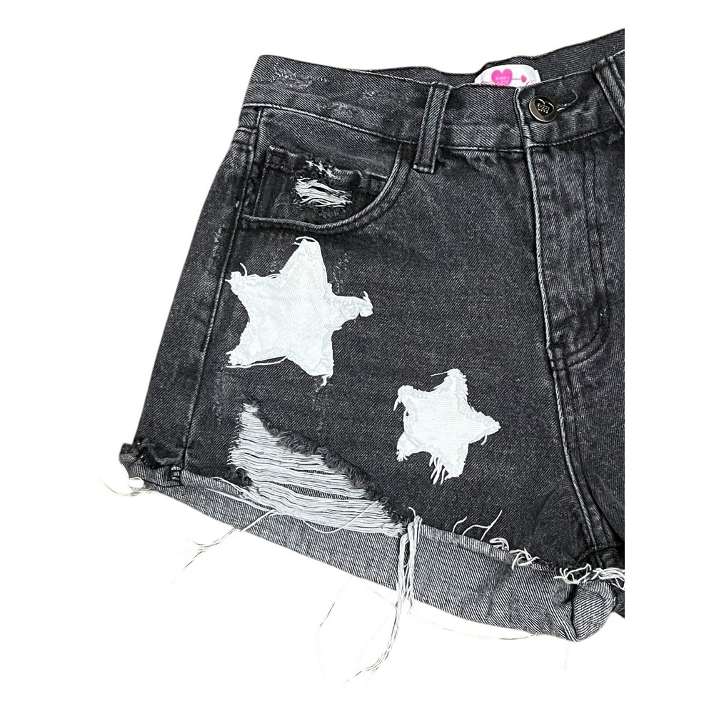 Buddy Love Star Patch Denim Shorts Womens 26 Black Distressed Cutoff Summer Y2K - Picture 3 of 9